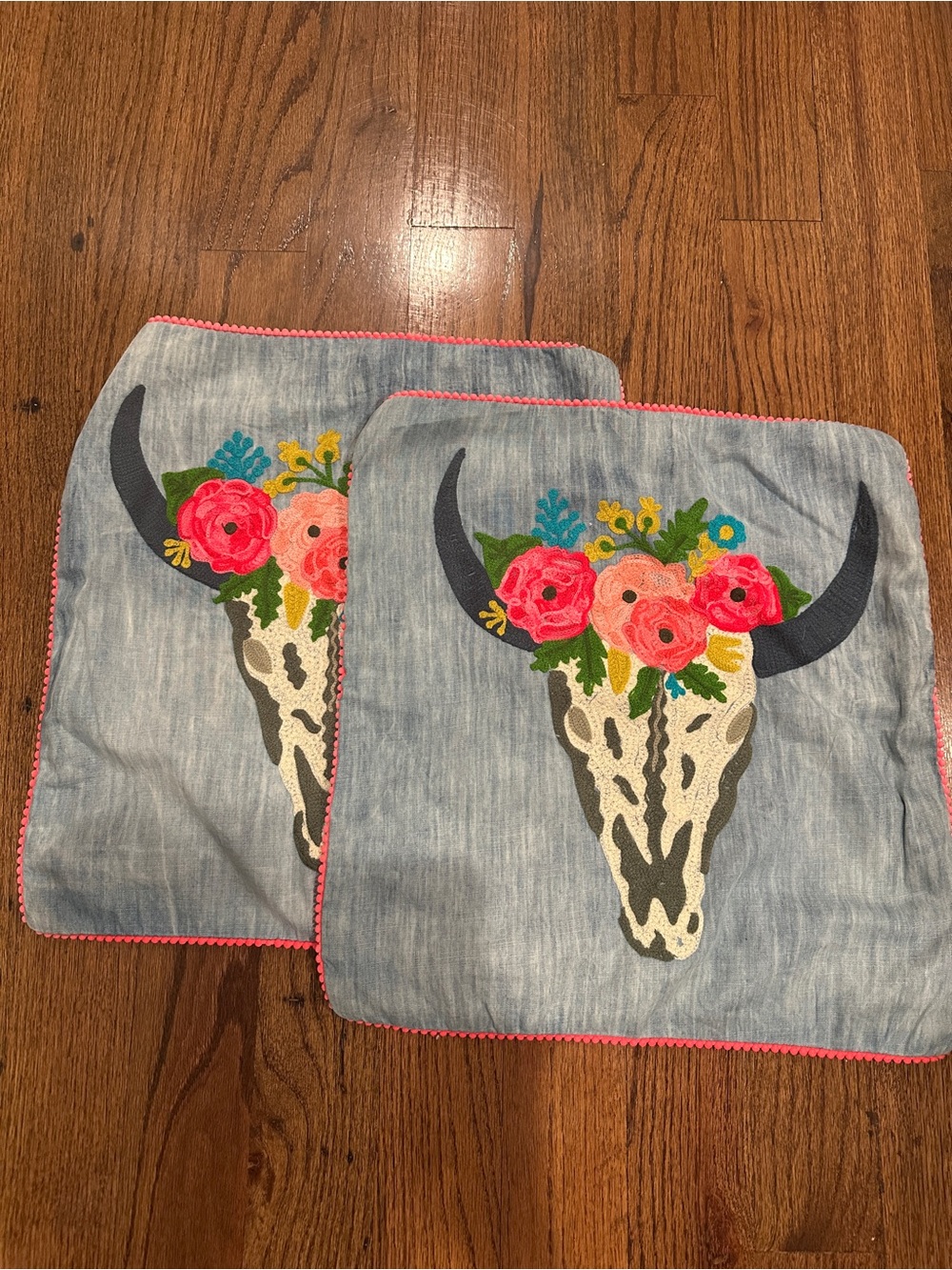 Set of 2 Embroidered Floral Skull Accent Pillow Covers in Blue with Pink Trim